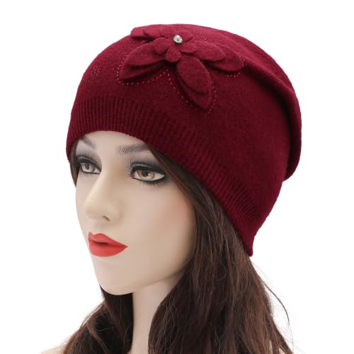 ZLYC Women Floral Slouchy Beanie Hat Double Layer Winter Knit Skull Cap - color: Butterfly Red
