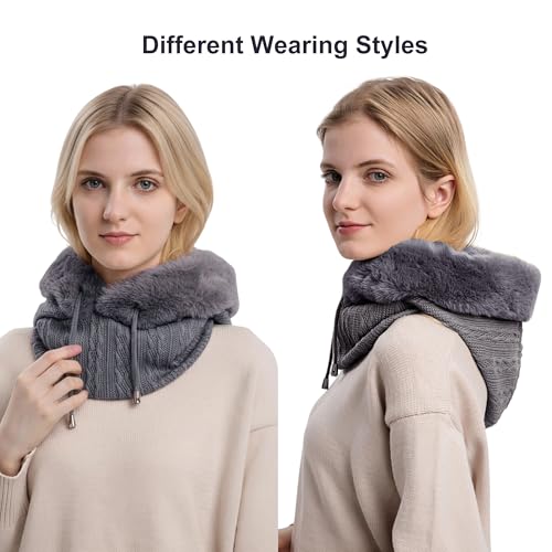 HUAMULAN Women Cable Knit Balaclavas Winter Fleece Lined Beanie Hat - color: Grey