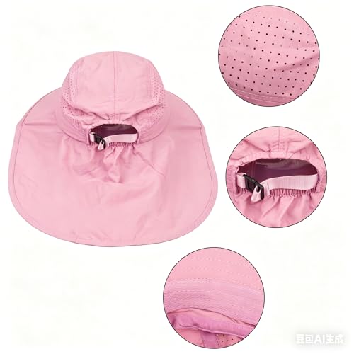 Ponytail Hole Kids Sun Hat with Neck Flap UV Protection Wide Brim Safari Hat for Boys Girls Breathable Mesh 6-12T - color: Pink