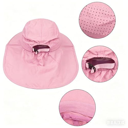 Ponytail Hole Kids Sun Hat with Neck Flap UV Protection Wide Brim Safari Hat for Boys Girls Breathable Mesh 6-12T - color: Pink