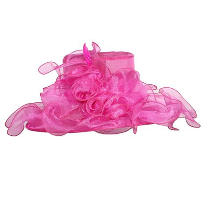 Women Oganza Sun Hat Church Wide Brim Wedding Formal Fascinator Hat - color: Rose
