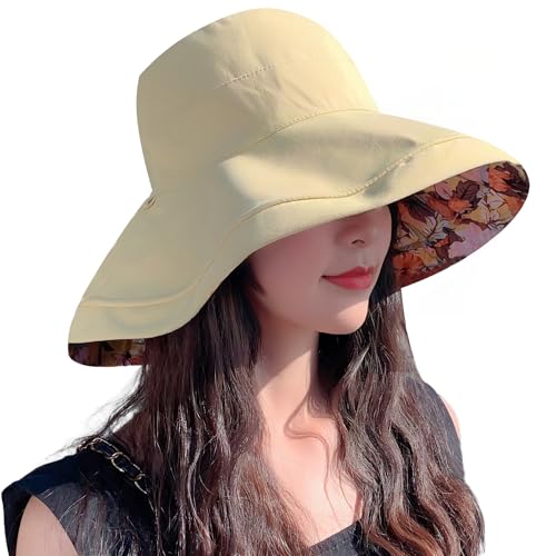 Women Bohemian Reversible Sun Hat Wide Brim Fishing Hats - color: Yellow Floral