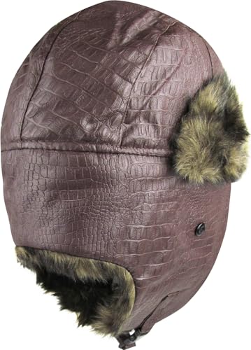 Wool Blend Aviator Trapper hat Trooper Ear Flaps Ushanka Eskimo Russian Warm Winter Cold… - color: Brown Pu Leather