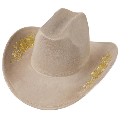 Felt Hats for Cowboys and Cowgirl Unisex Classic Rolled up Caps Yellow Embroidery with Chin Strap - color: Beige