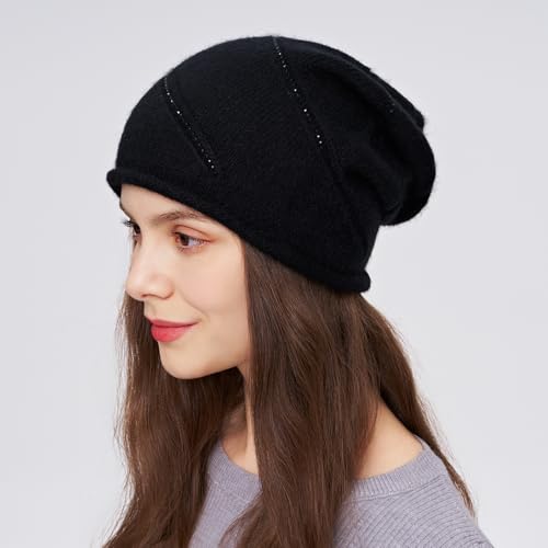 Women's Knitted Angora Wool Hat for Autumn and Winter Warm and Stylish with Rolled Brim and Slanted Rhinestones Cap - color: New-black
