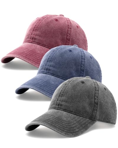FURTALK 3 Packs Unisex Vintage Washed Cotton Distressed Baseball Cap - color: Black+navy+wine Red, size: Medium-Large
