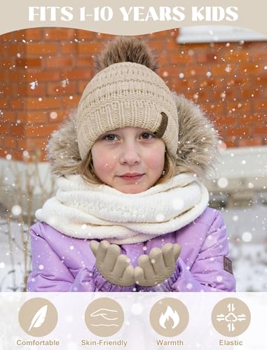 Kids Winter Hat Gloves Scarf Set, Boys and Girls Beanie Hat - color: Beige
