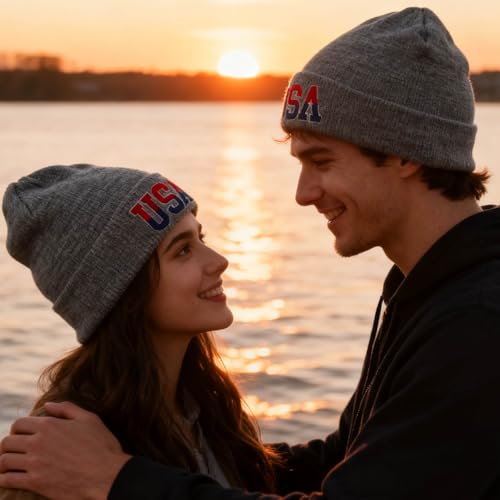 American Flag Beanie, USA Embroidered Winter Hat for Women Men - color: Usa-gray
