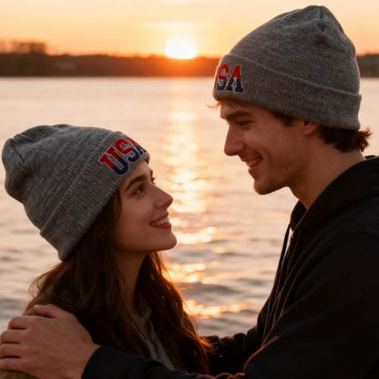 American Flag Beanie, USA Embroidered Winter Hat for Women Men - color: Usa-gray