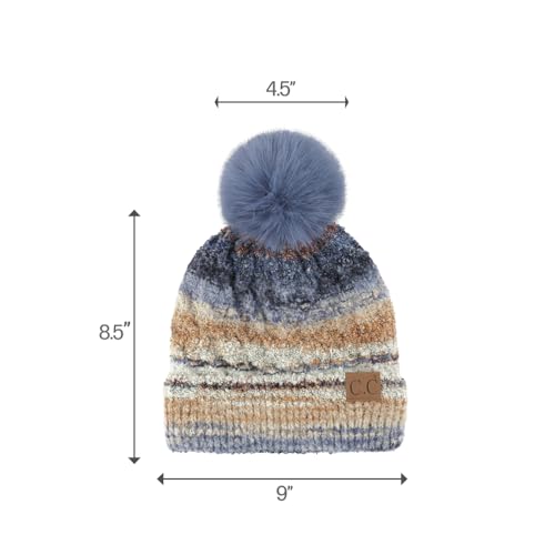 C.C Multi Color Space Dye Wool Stretchable Soft Warm Pom Beanie with Faux Fur Pom Knit Winter Skully Hat. - color: Denim Combo