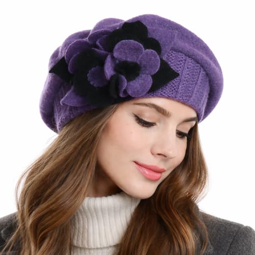 Lady French Beret 100% Wool Beret Chic Beanie Winter Hat HY023 - color: Purple
