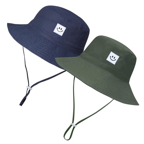 MaxNova Baby Sun Hat Smile Face UPF 50+ Toddler Bucket Hat for Boys Girls 0-7 Years - color: 2pack Army Green/Navy, size: 2-7 Years