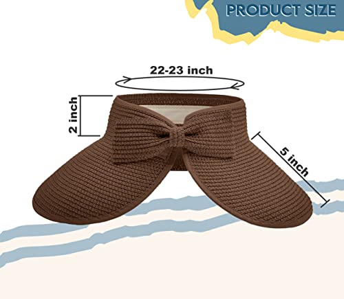 Straw Sun Visor for Women, Wide Brim UPF 50+ Protection Beach Hat, Adjustable, Roll Up Foldable Ponytail Cap with Chin Strap - color: Carmal