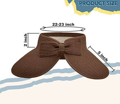 Straw Sun Visor for Women, Wide Brim UPF 50+ Protection Beach Hat, Adjustable, Roll Up Foldable Ponytail Cap with Chin Strap - color: Carmal