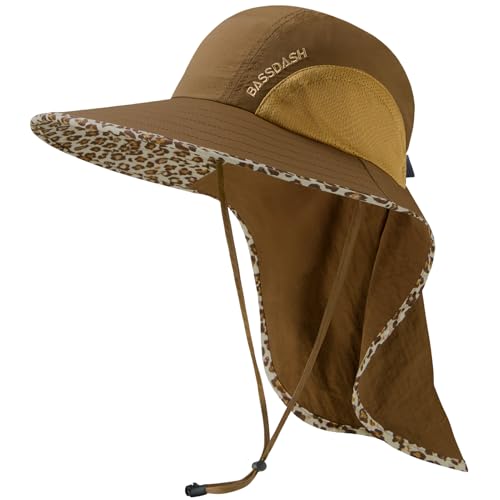 BASSDASH UPF 50+ Unisex Water Resistant Wide Brim Sun Hat with Large Neck Flap Ponytail Fishing Hat for Men Women - color: Caramel/Leopard
