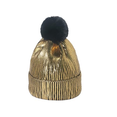 Metallic Winter Cable Knit Beanie Hat Cap Warm Soft Skull Caps with Furry Fur Pom Pom - color: Gold