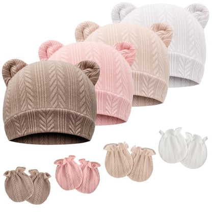 Newborn Baby Hat and Mittens Set Bear Ears Toddler Infant Beanie Caps Newborn Hospital Hat for Baby Boy Girl 0-3 Months - color: Wheat Patterned Bear Ear a