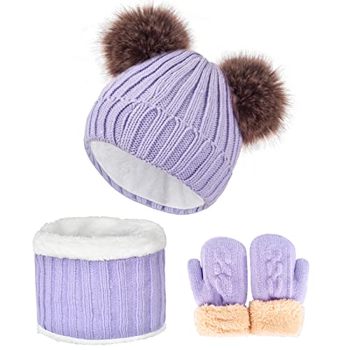 Kids Winter Beanie Scarf Gloves Set - Thermal Fleece Lined Knit Hat, Soft Neck Warmer & Mittens for Girls & Boys 1-10 Years - color: Purple-s, size: 1-5 years