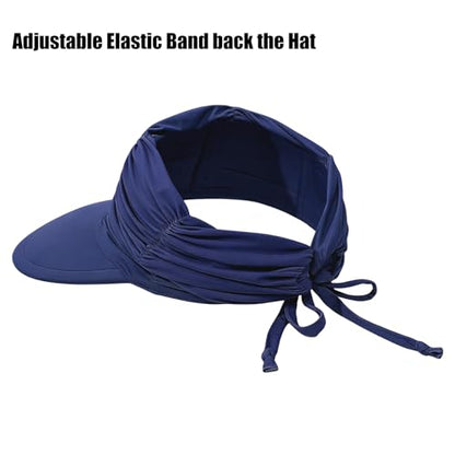 KXF Sun Visors Hat for Women Wide Brim Beach Hat Foldable Visor Hat Cap Ponytail Summer Packable UPF 50+ Adjustable Stretchy - color: Navy