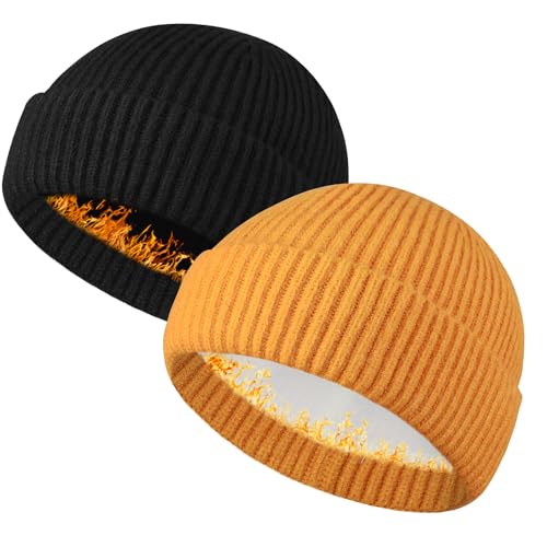 Heniho Wool Fleece Lined Fisherman Beanie for Men, Winter Warm Hats Cuffed Knit Watch Cap Trawler Hat - color: 2pack L- Black&yellow