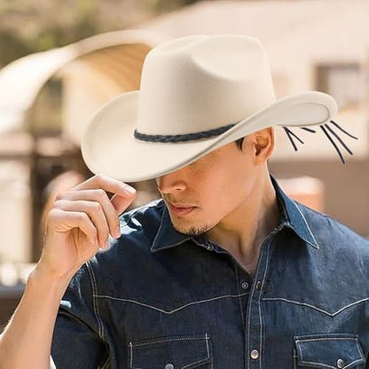 DRESHOW Western Cowboy Hat for Men Women Cowboy Cowgirl Hat Outdoor Wide Brim Retro Felt Fedora Hats Unisex Rolled up Caps - color: 1 Pack Style 8: Beige