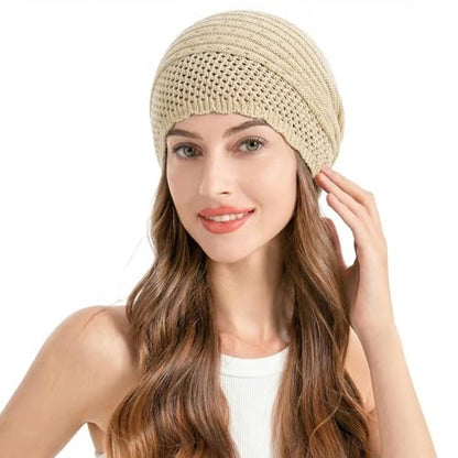 ZLYC Crochet Slouchy Beanie for Women Soft Lightweight Skull Cap - color: Plain Beige