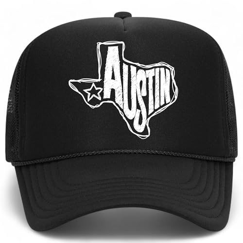 Austin Texas Sketch Vintage Trucker Hat | Premium Adjustable Snapback Baseball Hat for Men & Women - color: Black Foam Mesh Back