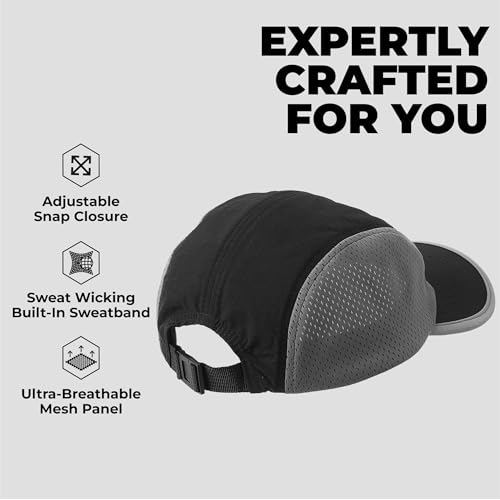 Tough Headwear 5 Panel Running Hat-Lightweight Breathable Nylon Trail Runner Hats-Camper Hat -Flat Brim Runners Hats - color: Black