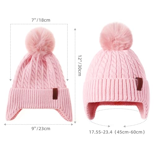 FENELY Girls Boys Winter Hat 3-12, Children's Warm Knitted Earflaps Beanie with Pom Pom Thicken Fleece Lining Cap for Kids - color: Blue-dinosaur