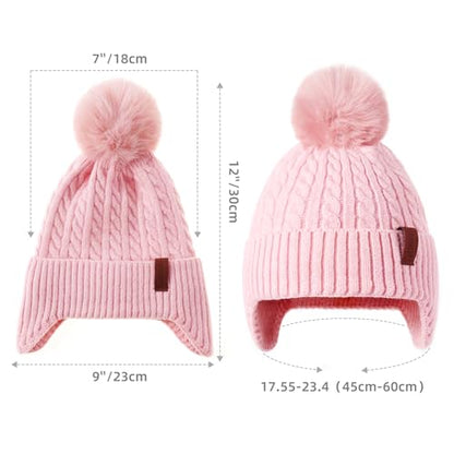 FENELY Girls Boys Winter Hat 3-12, Children's Warm Knitted Earflaps Beanie with Pom Pom Thicken Fleece Lining Cap for Kids - color: White
