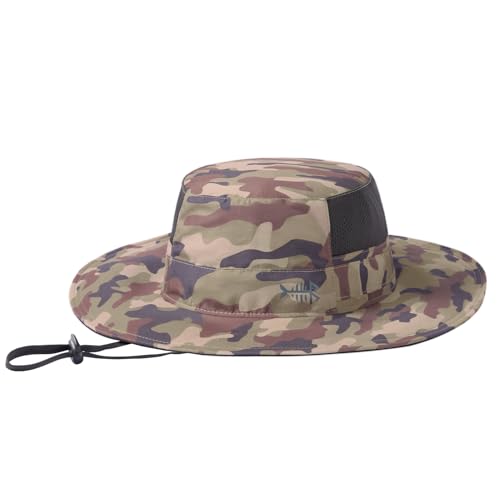 BASSDASH UPF 50+ Fishing Sun Hat Water Resistant Unisex Wide Brim Bucket Boonie Hat for Hiking Camping Safari FH15 - color: Earth Camo, size: Medium