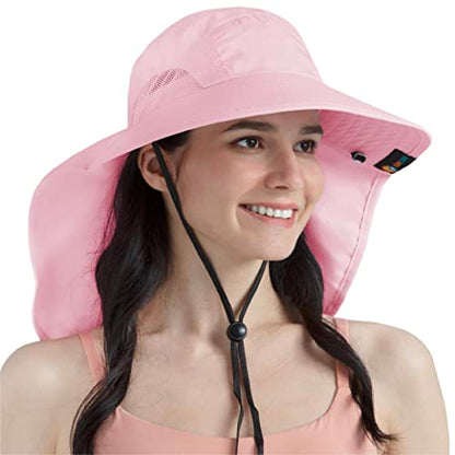 SUN CUBE Wide Brim Sun Hat with Neck Flap for Men Women, UPF50+ Fishing - color: Pink