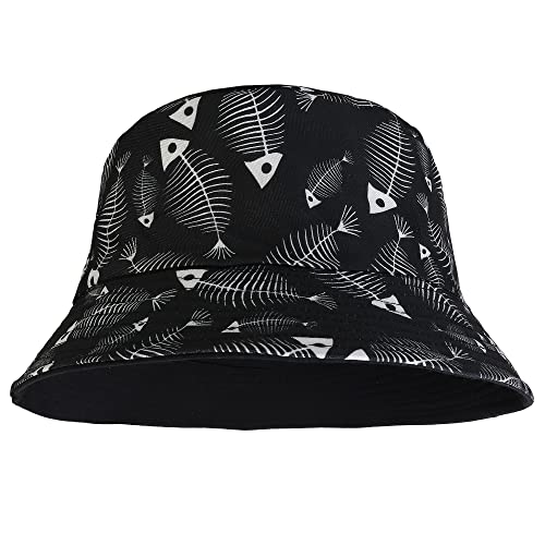 Falari Reversible Bucket Hat for Men Women Summer Travel Beach Outdoor Fishing Hat 100% Cotton - color: J890-black-fish
