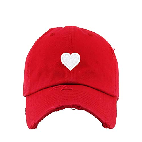 Heart Vintage Baseball Cap Embroidered Cotton Adjustable Distressed Dad Hat - color: Red