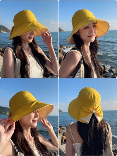 Women Bowknot Wide Brim UPF50+ Foldable Travel Beach Sun Hat - color: Yellow