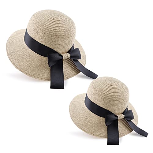 Zsedrut Women,Little Girls Straw Sun Hat Summer Beach Cap Foldable Visor Floppy Hats Wide Brim with Bowknot - color: Beige, size: One Size