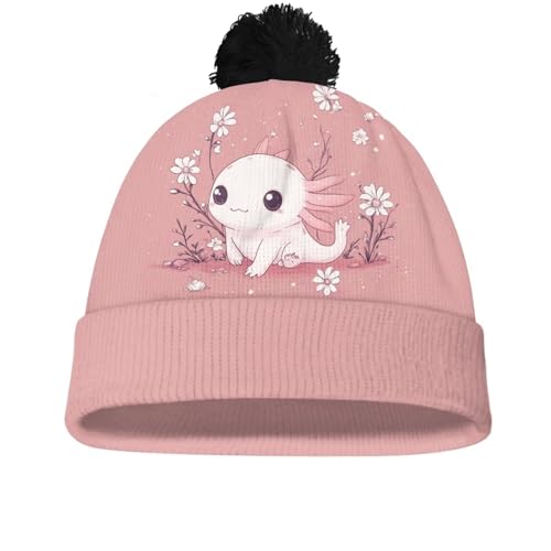 Girls Boys Winter Warm Knit Beanie Pompom Elasticity Slouchy Hat Skull Caps for Childrens - color: Cute Axolotl