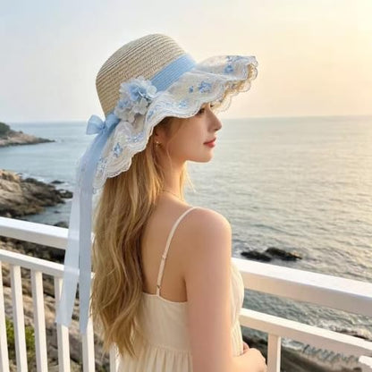 Women's Big Straw Sun Hat Wide Brim with Removable Wind Lanyard Foldable