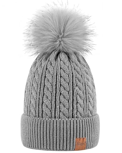 Alepo Womens Winter Beanie Hat, Warm Fleece Lined Knitted Soft Ski Cuff Cap with Pom Pom - color: Soft Gray