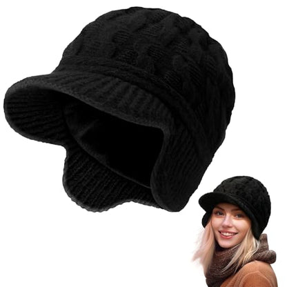 Jenaai Winter Beanie with Brim and Earflap for Woman Outdoor Warm Thermal Knitted Hat for Women Men Cold Weather - color: Black