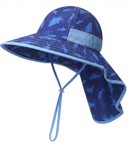 icolor Kids Sun Hat UPF50+ Sun Protection Bucket Hat Toddler Summer Beach Play Hats with Neck Flap for Girl Boy Ages 3~10 - color: Shark