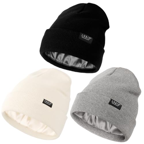 3 Pack Satin Lined Beanies for Men and Women Silk Warm Cuffed Winter Hats - color: Black+white+light Grey