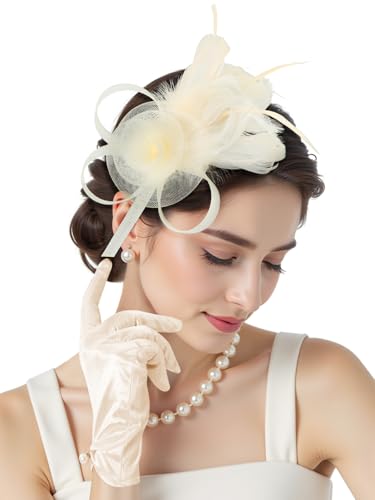 2Pcs 50s Fascinators Hats for Women Wedding Cocktail Flower Mesh Ribbons Feathers Church Tea Party Hats and Lace Glove - color: Champagne