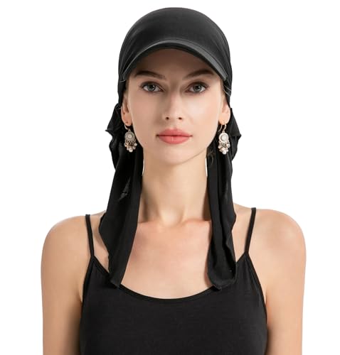 ZLYC Chemo Headwear for Women Brim Visor Head Scarf Pre Tied Headwraps Lightweight Skull Cap - color: Solid Black