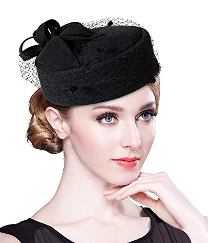Z&X British Vintage Wool Felt Pillbox Hat Ladies Church Derby Winter Fascinator Hat Veil Flower Fedoras - color: A- Black