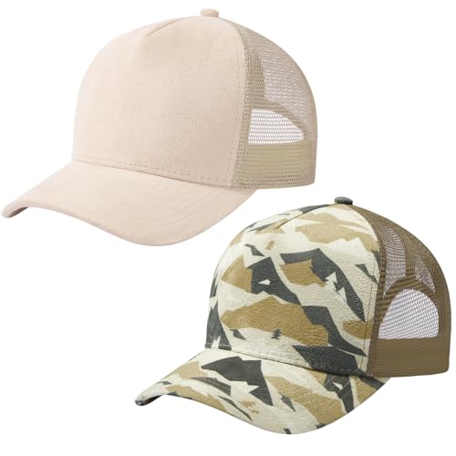 Suede Curved Brim Trucker Cap Adjustable Snapback Hat Mesh Back Breathable for Men Women 2 Pack SH03 - color: Pack of 2, Bleached Sand & Mountain Camo