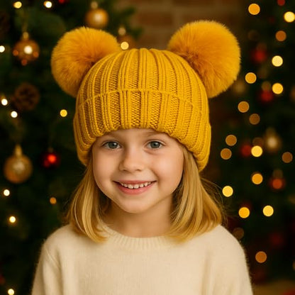 Toddler Winter Knit Hat Upgrade Fleece Lined Pompom Ears Beanies Cap for Boys Girls 3-12 Years - color: 01 Yellow