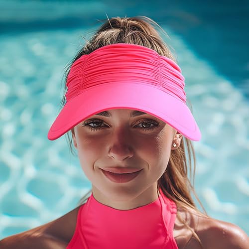 Women's Sun Visor Hat Wide Brim Summer UPF 50+ UV Protection Visor Hat Adjustable Beach Sport Visor Cap - color: Rose Red