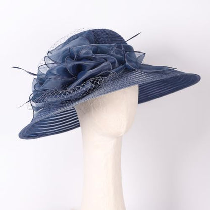 Wide Brim Church Hat for Women with Organza Flower Accent Ladies Dress Hat - color: Navy