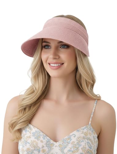 CHUNG Women Visor Sun Hat Paper Straw Wide Brim Adjutable Ponytail Packable Beach Holiday Summer Travel - color: V-pink
